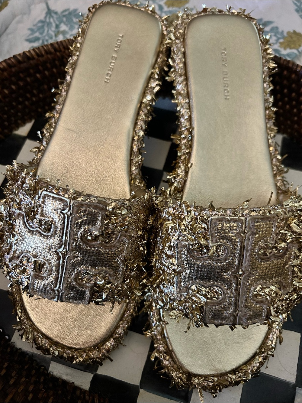 Tory Burch Metallic Gold  Slide Sandals with Embellished Trim size 8.5
